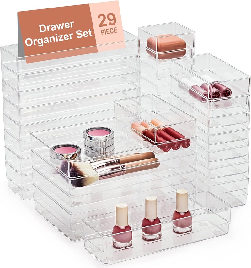 SMARTAKE 29-Piece Drawer Organizer with Non-Slip Silicone Pads, 4-Size Desk Drawer Organizer Trays Storage Tray for Makeup, Jewelries, Utensils in Bedroom Dresser, Office and Kitchen (Clear) - Image 1